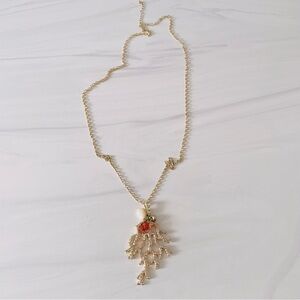 Coral Long Gold Chain Necklace with Beads and  Rhinestones